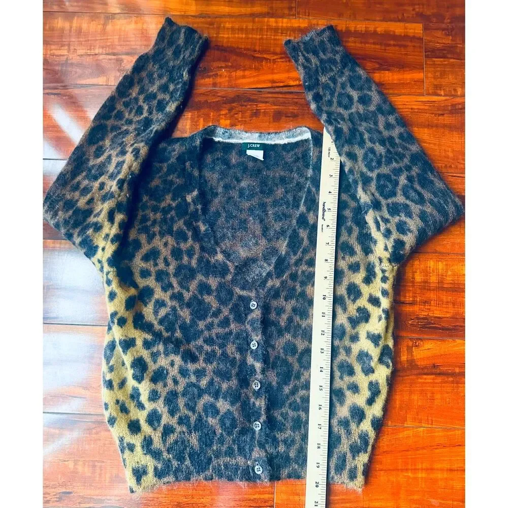 J, Crew Leopard Print Mohair Mob Wife Wool Blend Fuzzy Knit Cardigan Sweater L